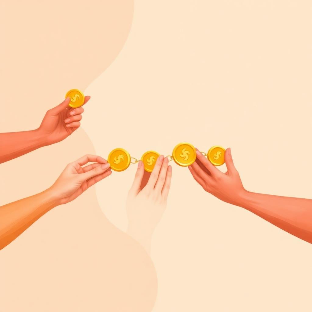 Hands passing golden coins in a chain of generosity